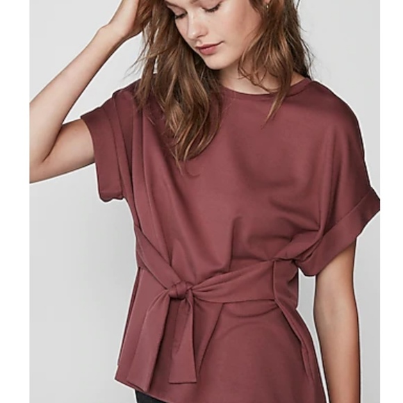 Express Tie Waist Rolled Short Sleeve Blouse - Picture 2 of 6